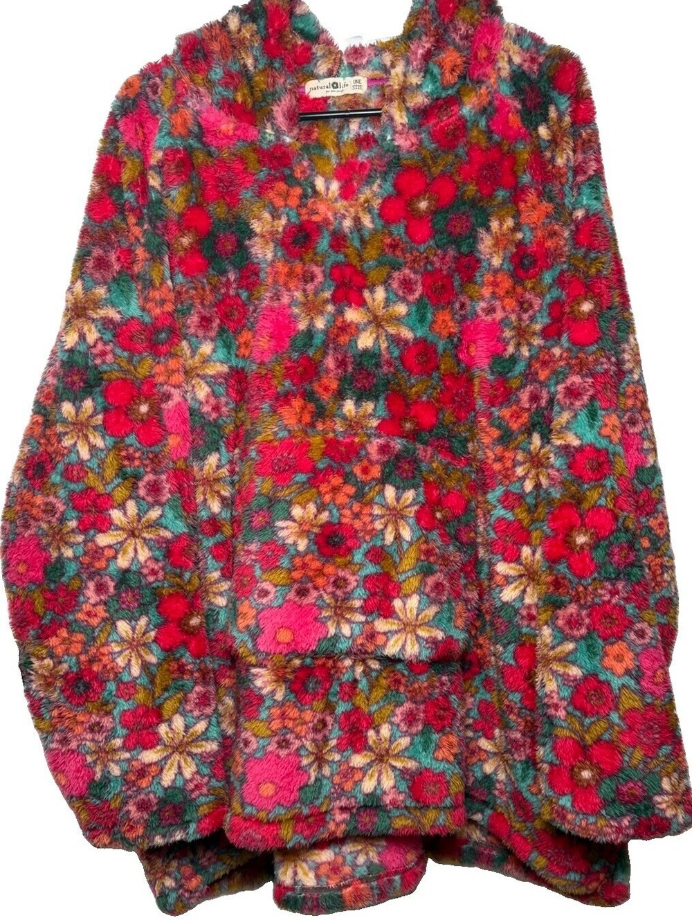 Natural Life Womens One Size Floral Fleece Hoodie Cardigan Oversized Boho Cozy